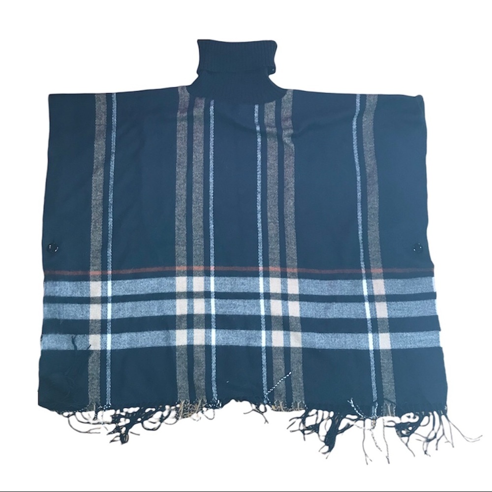 Maglia Dark Blue Plaid Turtleneck Fringe Poncho Cozy Soft Flannel Top